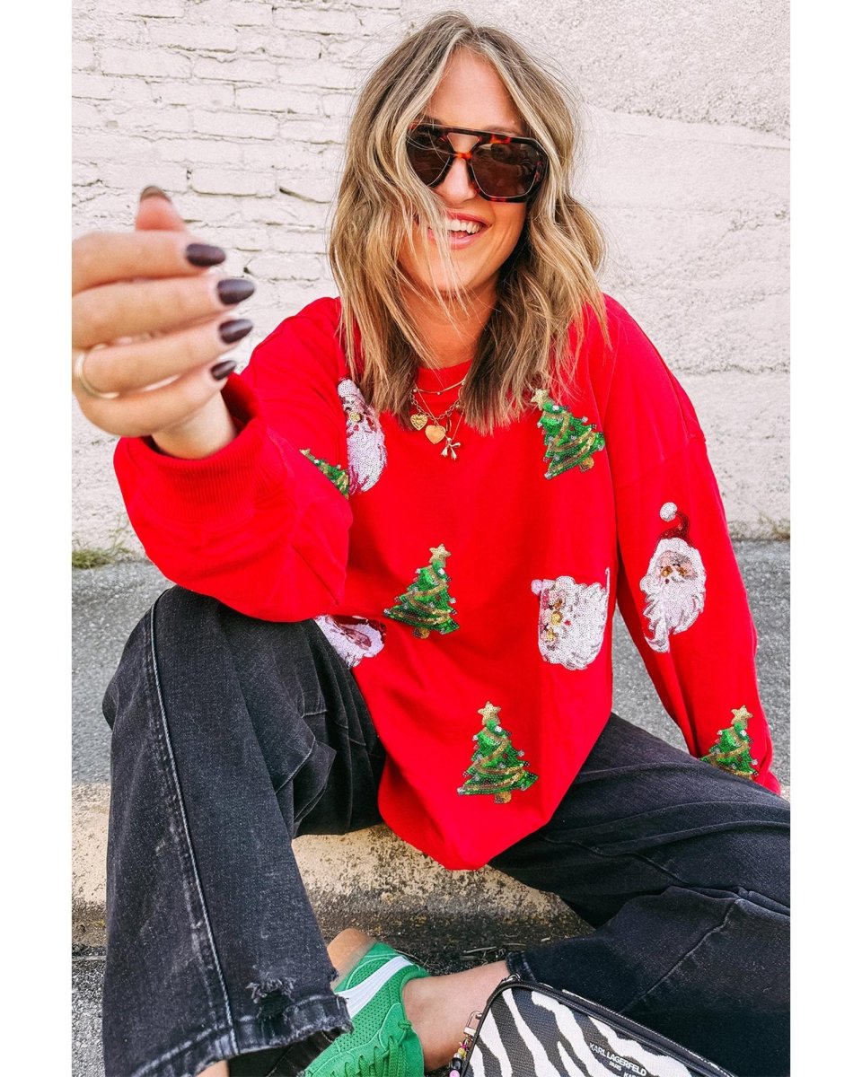 Red Santa Claus Christmas Tree Patched Pattern Drop Shoulder Sweatshirt - S