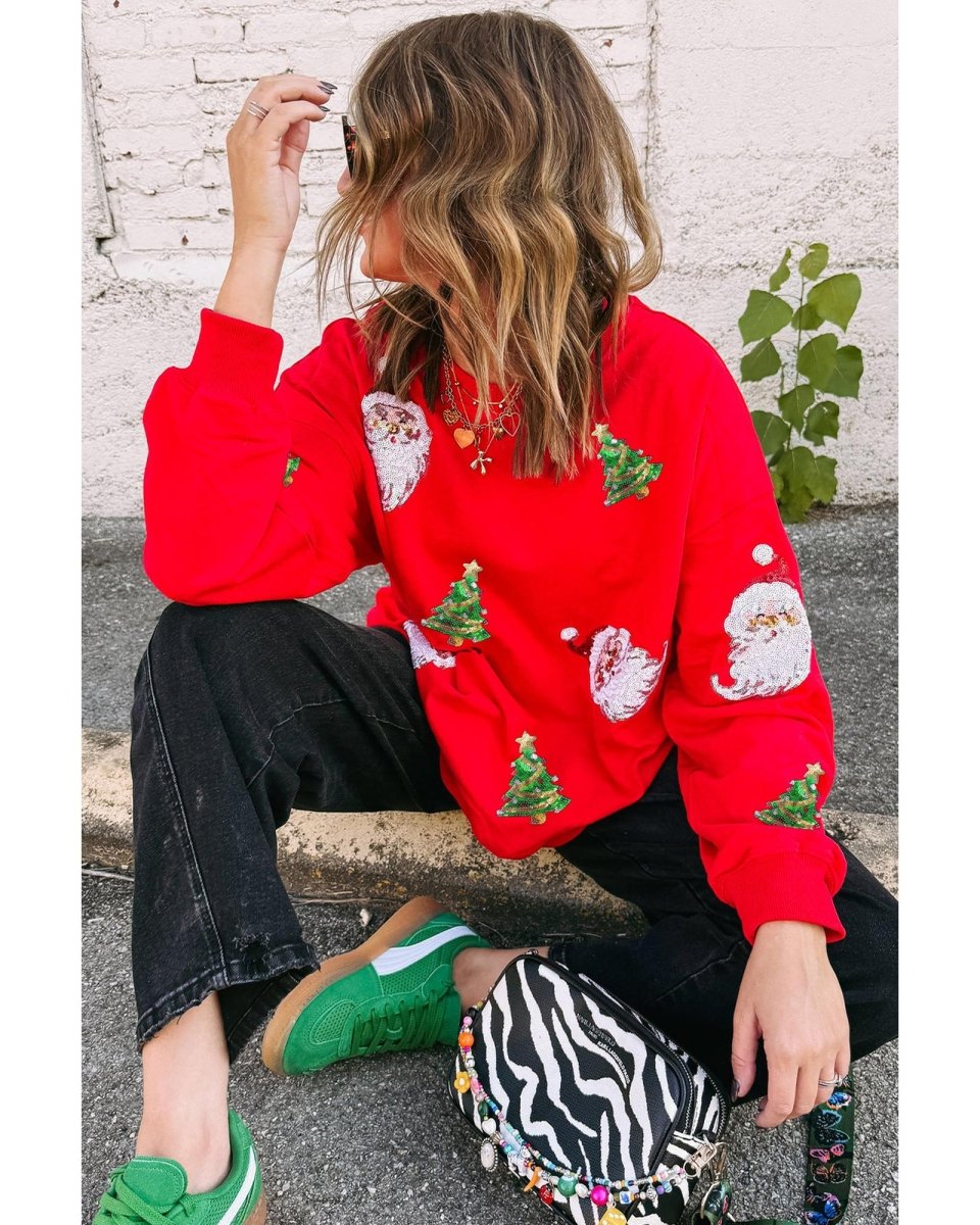 Red Santa Claus Christmas Tree Patched Pattern Drop Shoulder Sweatshirt - XL