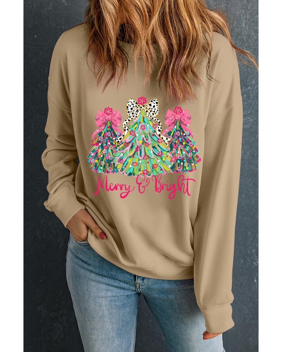 Khaki Merry & Bright Christmas Tree Print Pullover Sweatshirt - 2XL