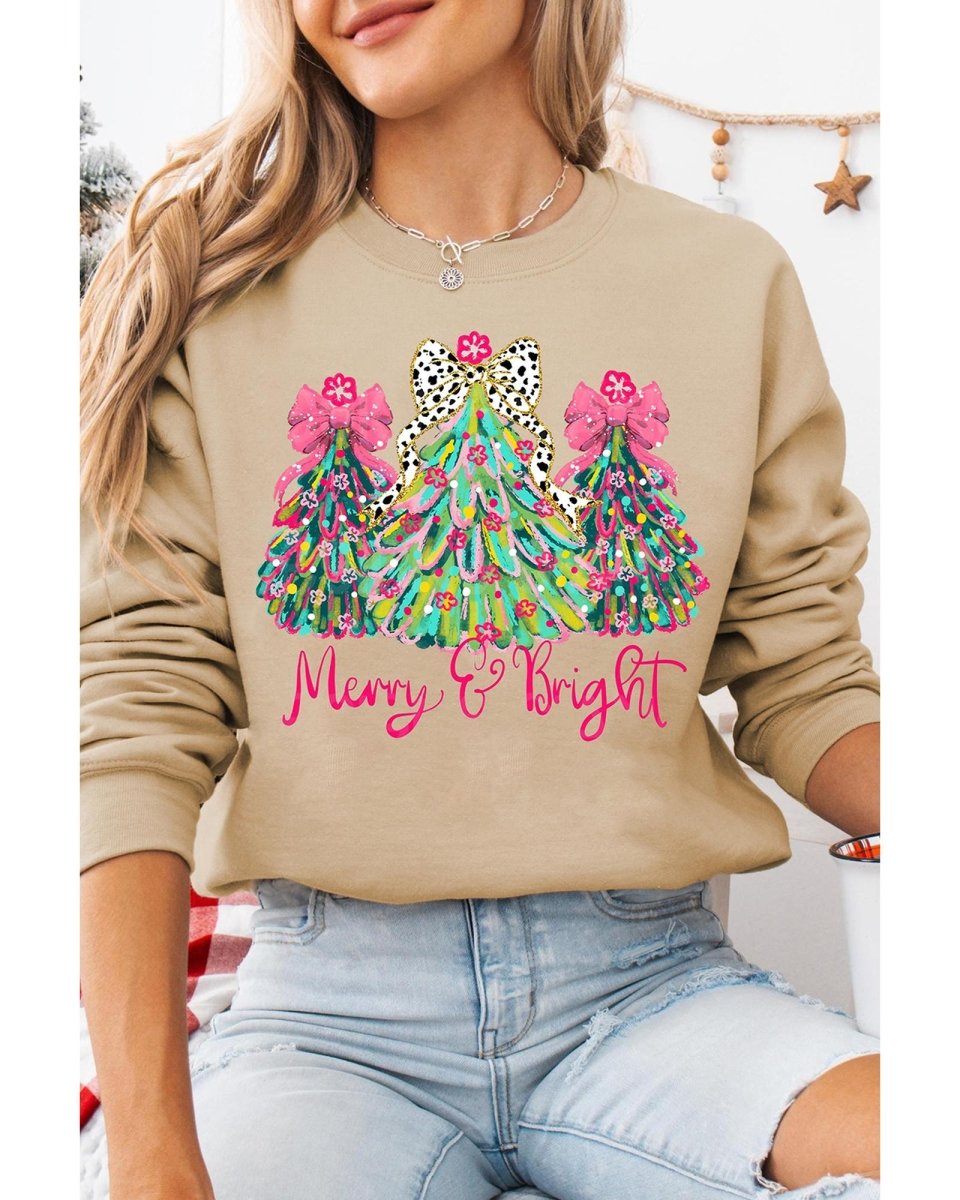 Khaki Merry & Bright Christmas Tree Print Pullover Sweatshirt - L