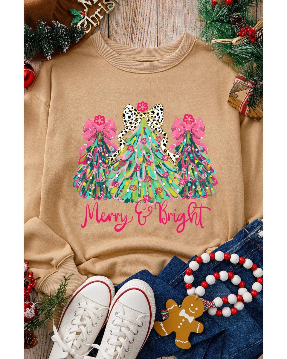 Khaki Merry & Bright Christmas Tree Print Pullover Sweatshirt - M