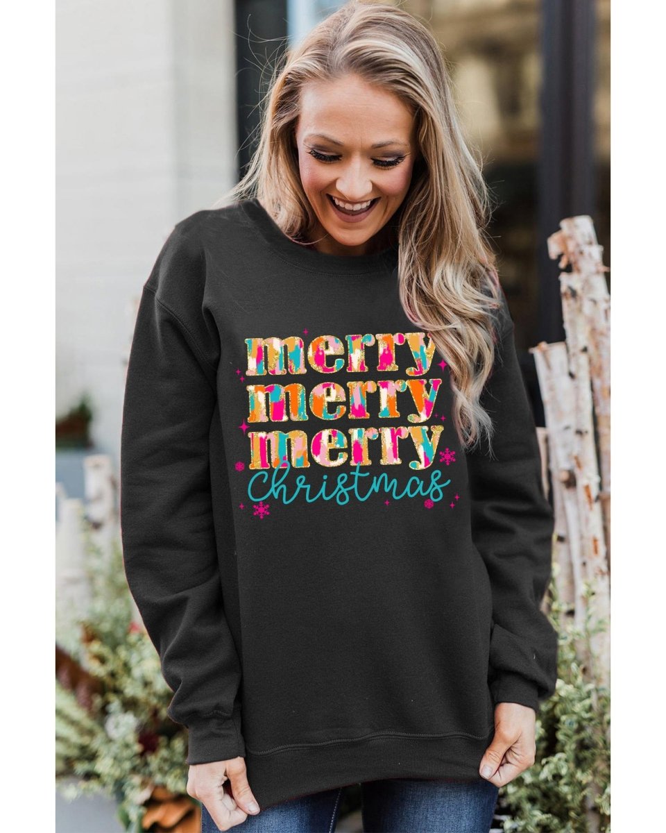 Black Merry Christmas Painted Crew Neck Graphic Sweatshirt - XL