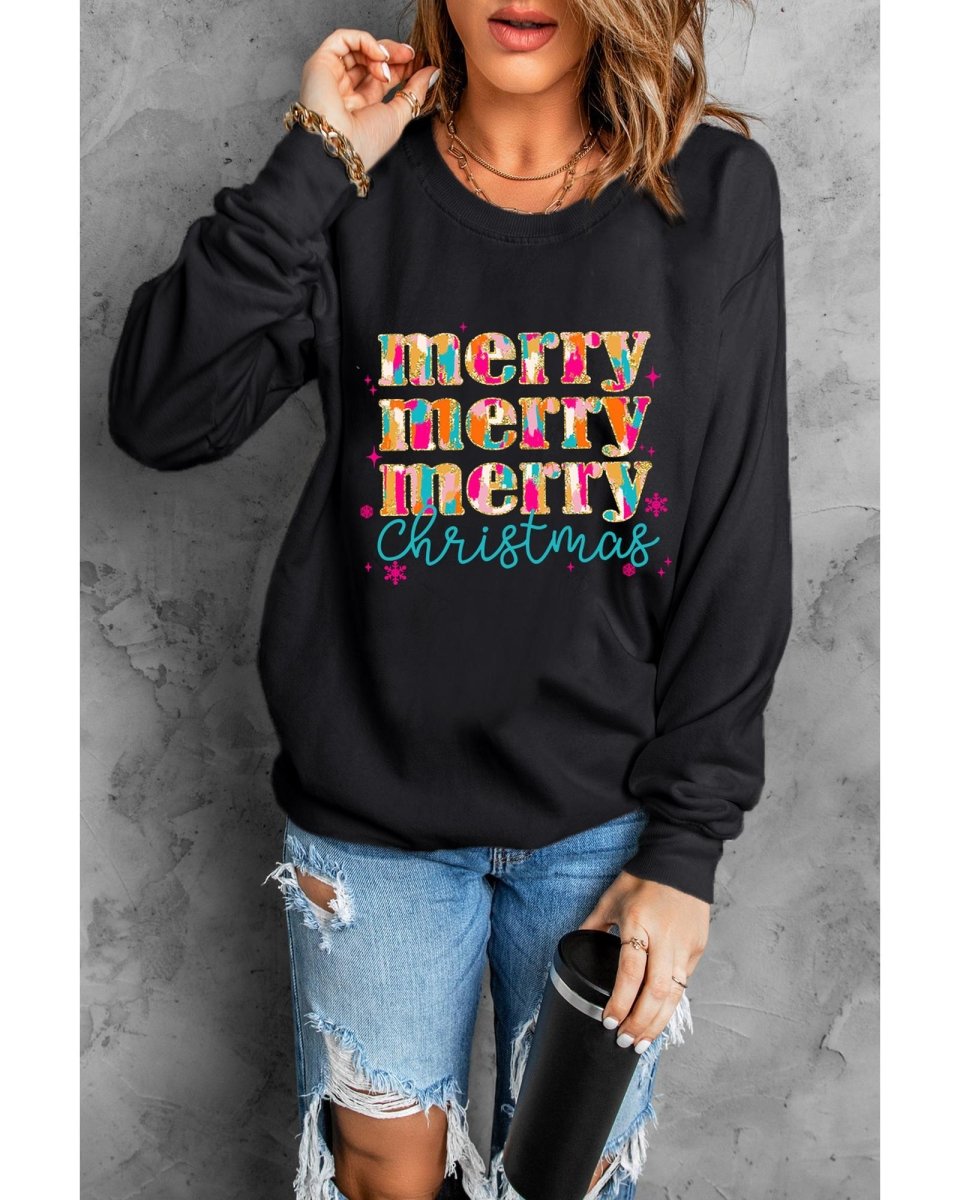 Black Merry Christmas Painted Crew Neck Graphic Sweatshirt - XL