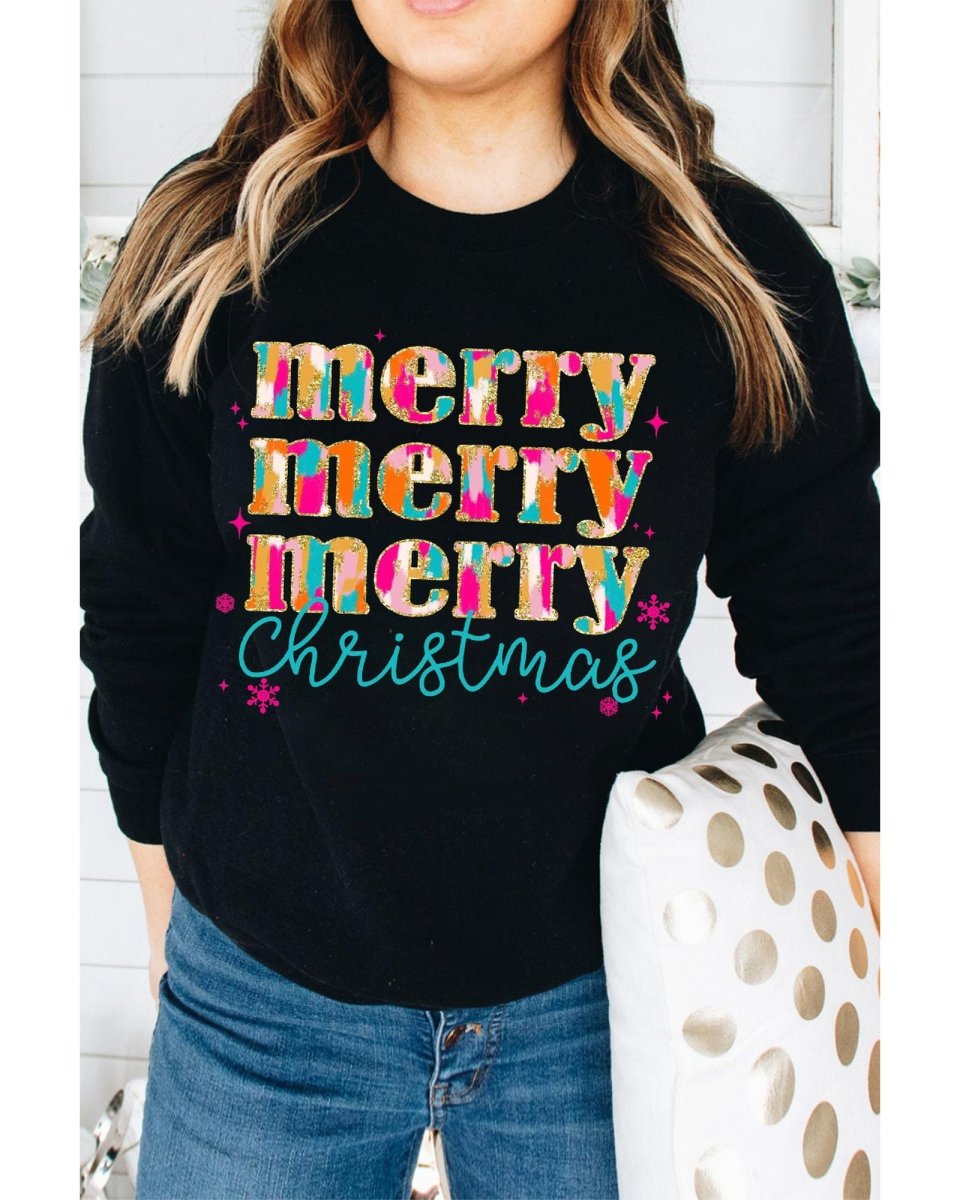 Black Merry Christmas Painted Crew Neck Graphic Sweatshirt - XL