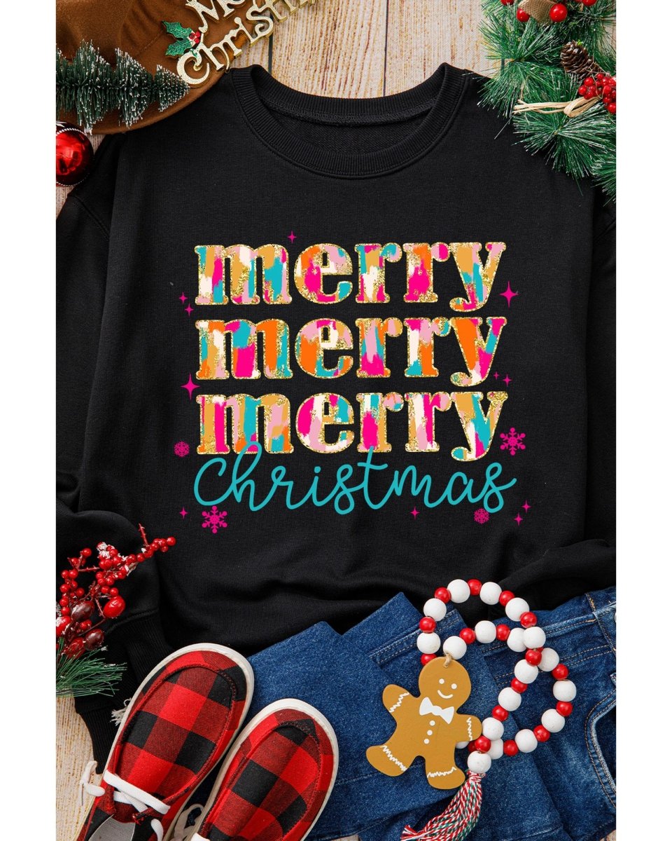 Black Merry Christmas Painted Crew Neck Graphic Sweatshirt - XL