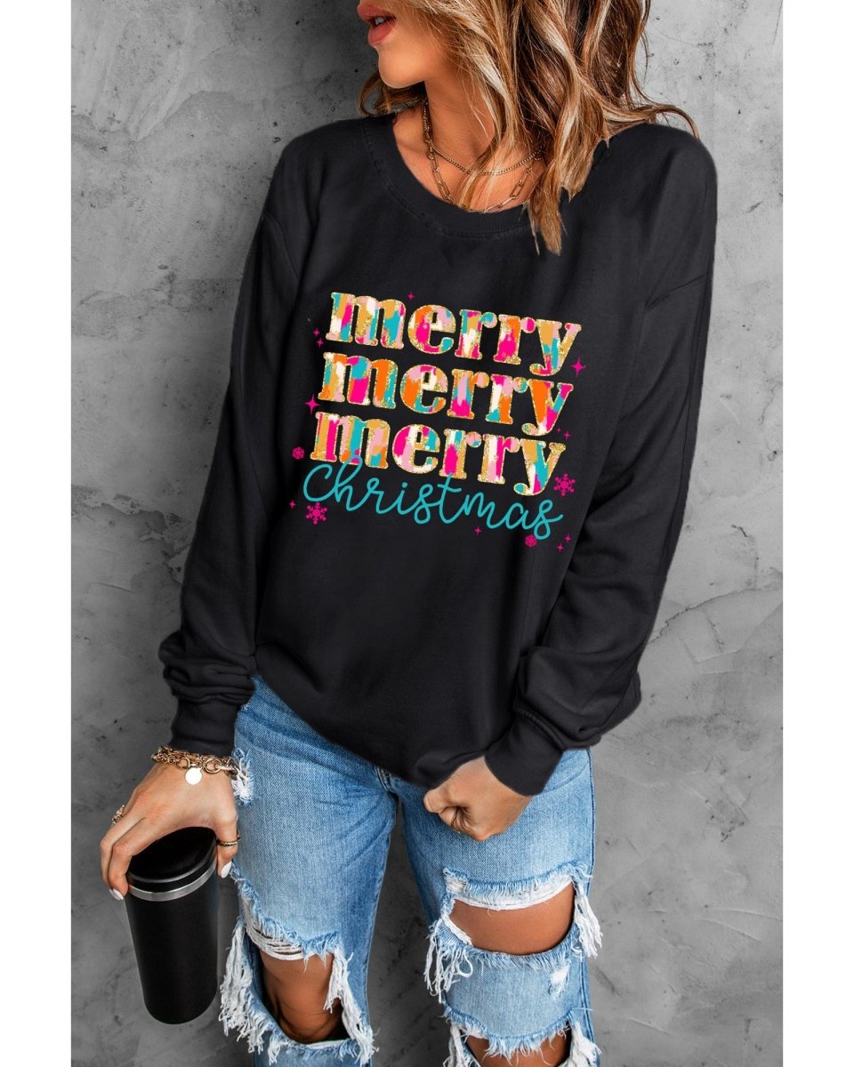 Black Merry Christmas Painted Crew Neck Graphic Sweatshirt - XL