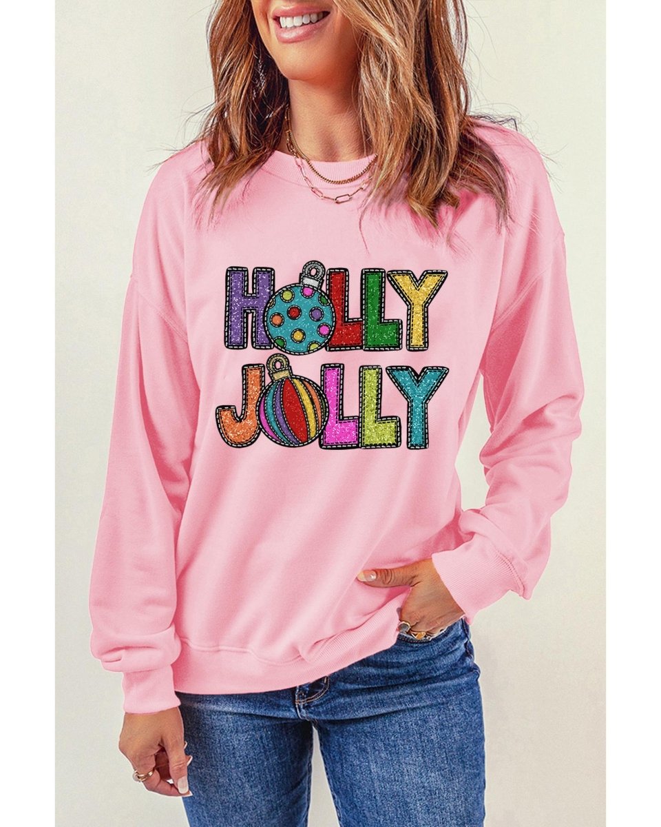 Pink HOLLY JOLLY Christmas Festive Letter Graphic Sweatshirt - 2XL