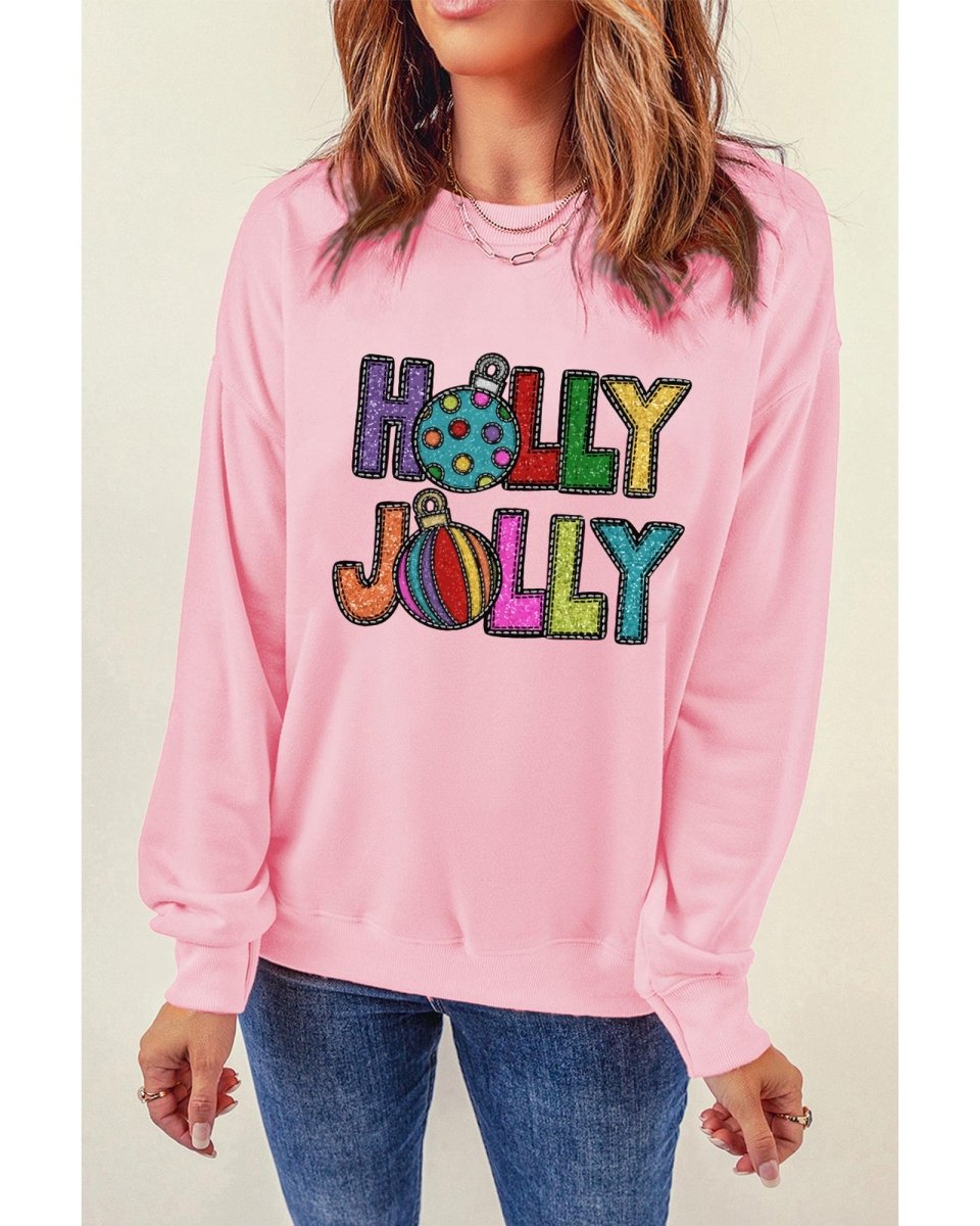 Pink HOLLY JOLLY Christmas Festive Letter Graphic Sweatshirt - 2XL