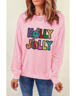 Pink HOLLY JOLLY Christmas Festive Letter Graphic Sweatshirt - M