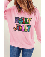 Pink HOLLY JOLLY Christmas Festive Letter Graphic Sweatshirt - XL