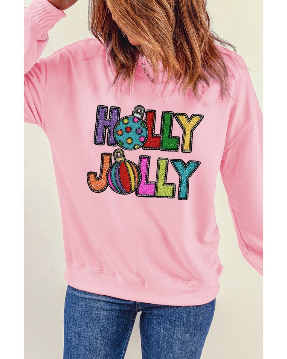 Pink HOLLY JOLLY Christmas Festive Letter Graphic Sweatshirt - XL