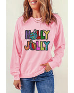 Pink HOLLY JOLLY Christmas Festive Letter Graphic Sweatshirt - XL