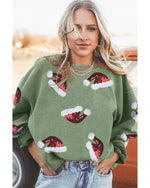 Grass Green Sequined Christmas Hat Graphic Winter Corded Sweatshirt - L