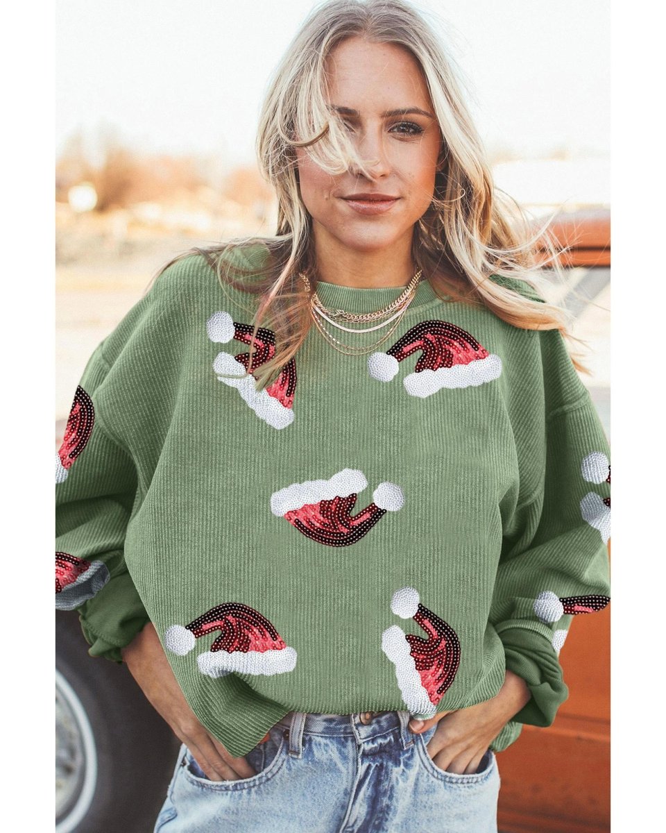 Grass Green Sequined Christmas Hat Graphic Winter Corded Sweatshirt - L