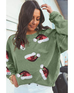 Grass Green Sequined Christmas Hat Graphic Winter Corded Sweatshirt - L