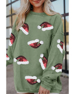 Grass Green Sequined Christmas Hat Graphic Winter Corded Sweatshirt - L