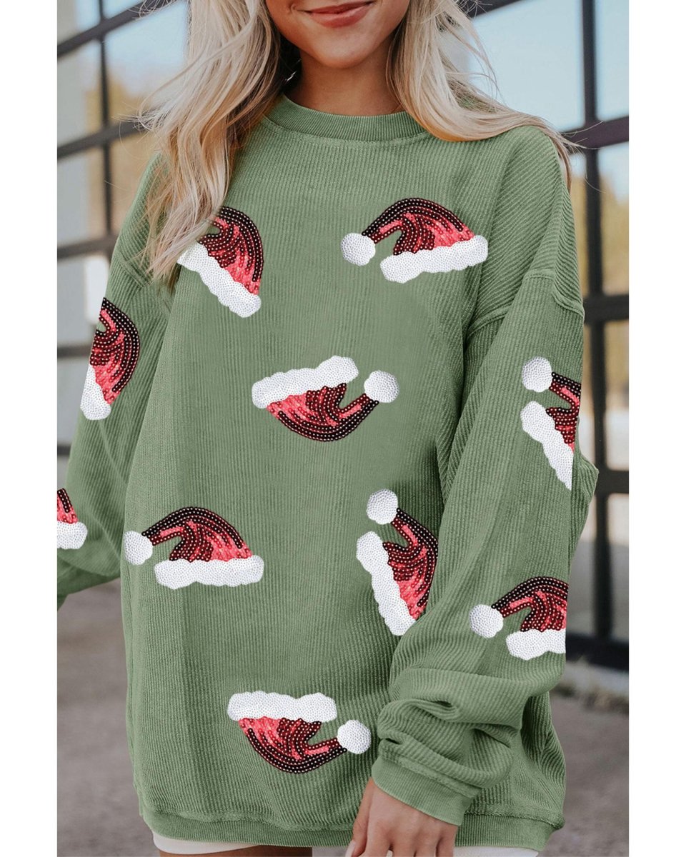 Grass Green Sequined Christmas Hat Graphic Winter Corded Sweatshirt - L