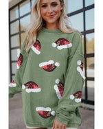 Grass Green Sequined Christmas Hat Graphic Winter Corded Sweatshirt - L
