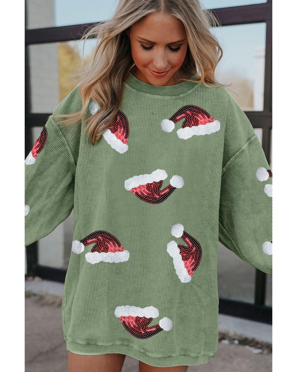 Grass Green Sequined Christmas Hat Graphic Winter Corded Sweatshirt - L