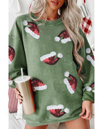 Grass Green Sequined Christmas Hat Graphic Winter Corded Sweatshirt - L