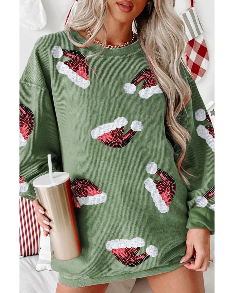 Grass Green Sequined Christmas Hat Graphic Winter Corded Sweatshirt - L