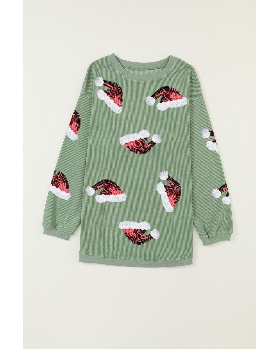 Grass Green Sequined Christmas Hat Graphic Winter Corded Sweatshirt - L