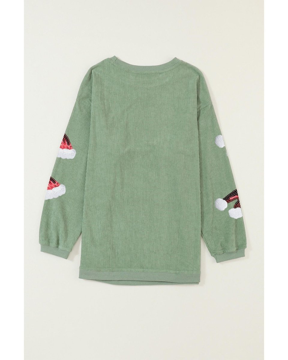 Grass Green Sequined Christmas Hat Graphic Winter Corded Sweatshirt - S