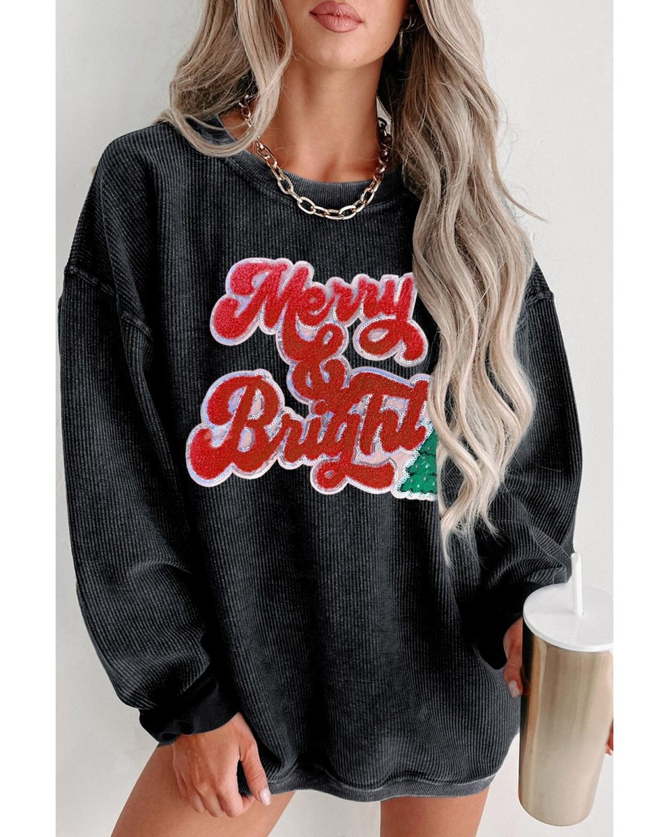 Black Merry & Bright Christmas Tree Pattern Corded Baggy Sweatshirt - 3XL