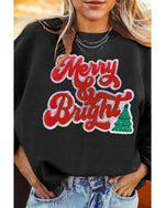 Black Merry & Bright Christmas Tree Pattern Corded Baggy Sweatshirt - 3XL