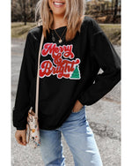 Black Merry & Bright Christmas Tree Pattern Corded Baggy Sweatshirt - 3XL