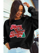 Black Merry & Bright Christmas Tree Pattern Corded Baggy Sweatshirt - 3XL