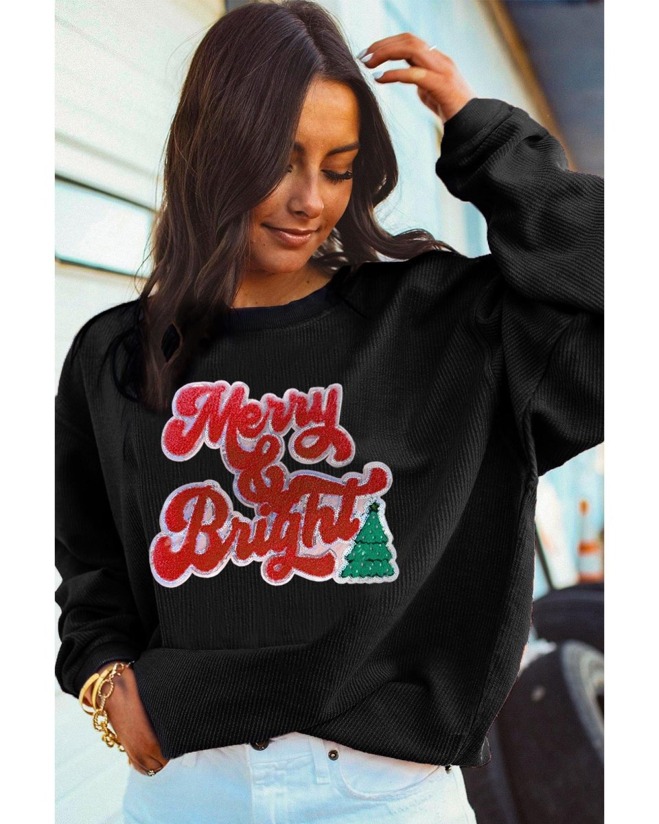 Black Merry & Bright Christmas Tree Pattern Corded Baggy Sweatshirt - 3XL