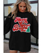 Black Merry & Bright Christmas Tree Pattern Corded Baggy Sweatshirt - 3XL