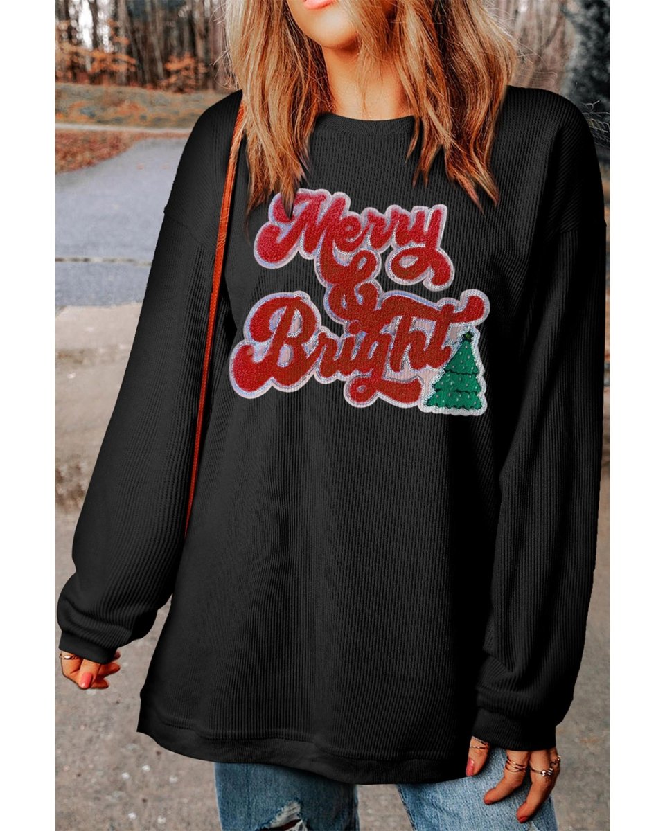Black Merry & Bright Christmas Tree Pattern Corded Baggy Sweatshirt - 3XL