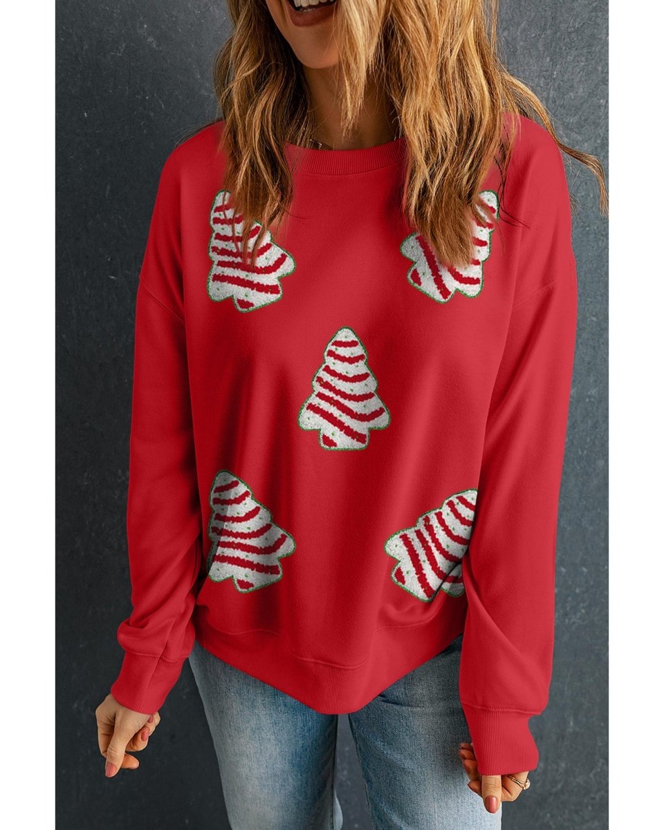 Red Playful Christmas Tree Patched Dropped Shoulder Sweatshirt - L