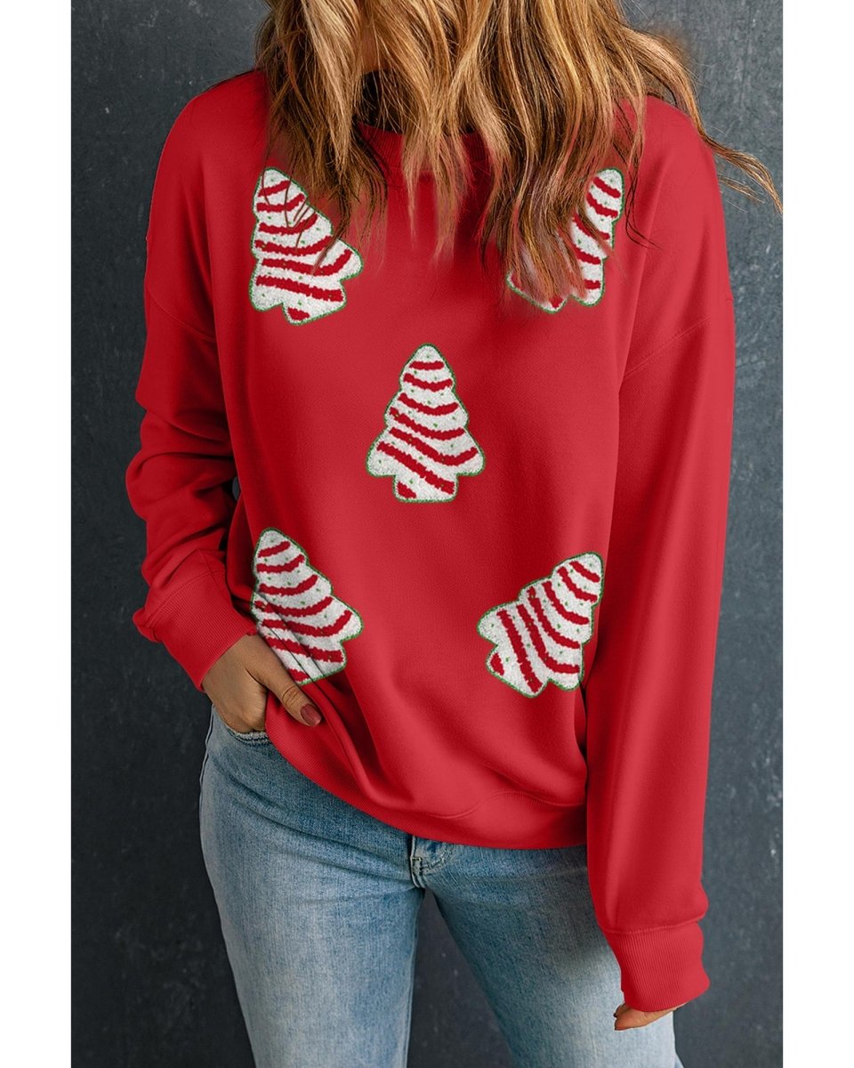 Red Playful Christmas Tree Patched Dropped Shoulder Sweatshirt - XL