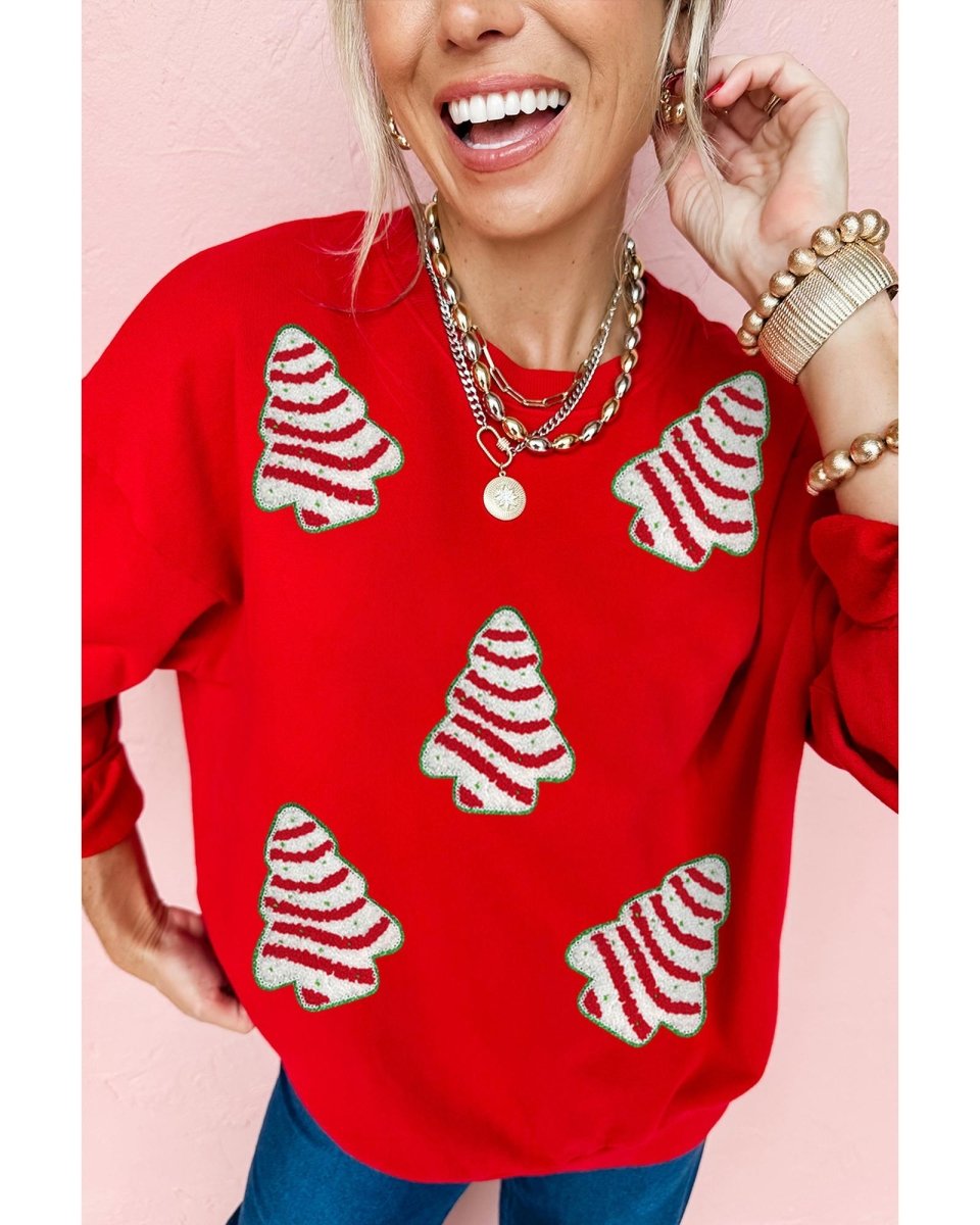 Red Playful Christmas Tree Patched Dropped Shoulder Sweatshirt - XL