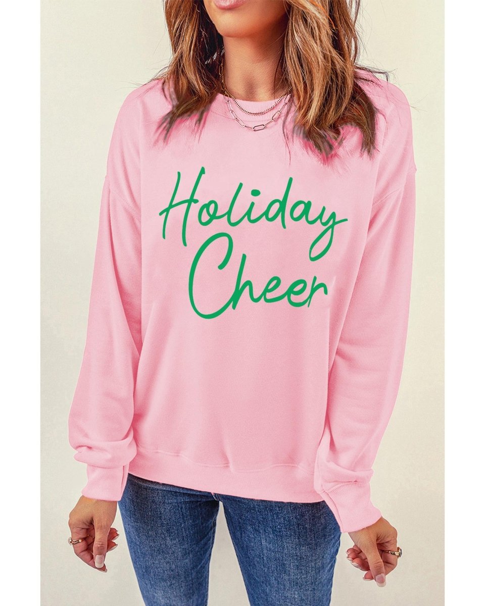 Pink Holiday Cheer Letter Graphic Christmas Slogan Sweatshirt - L