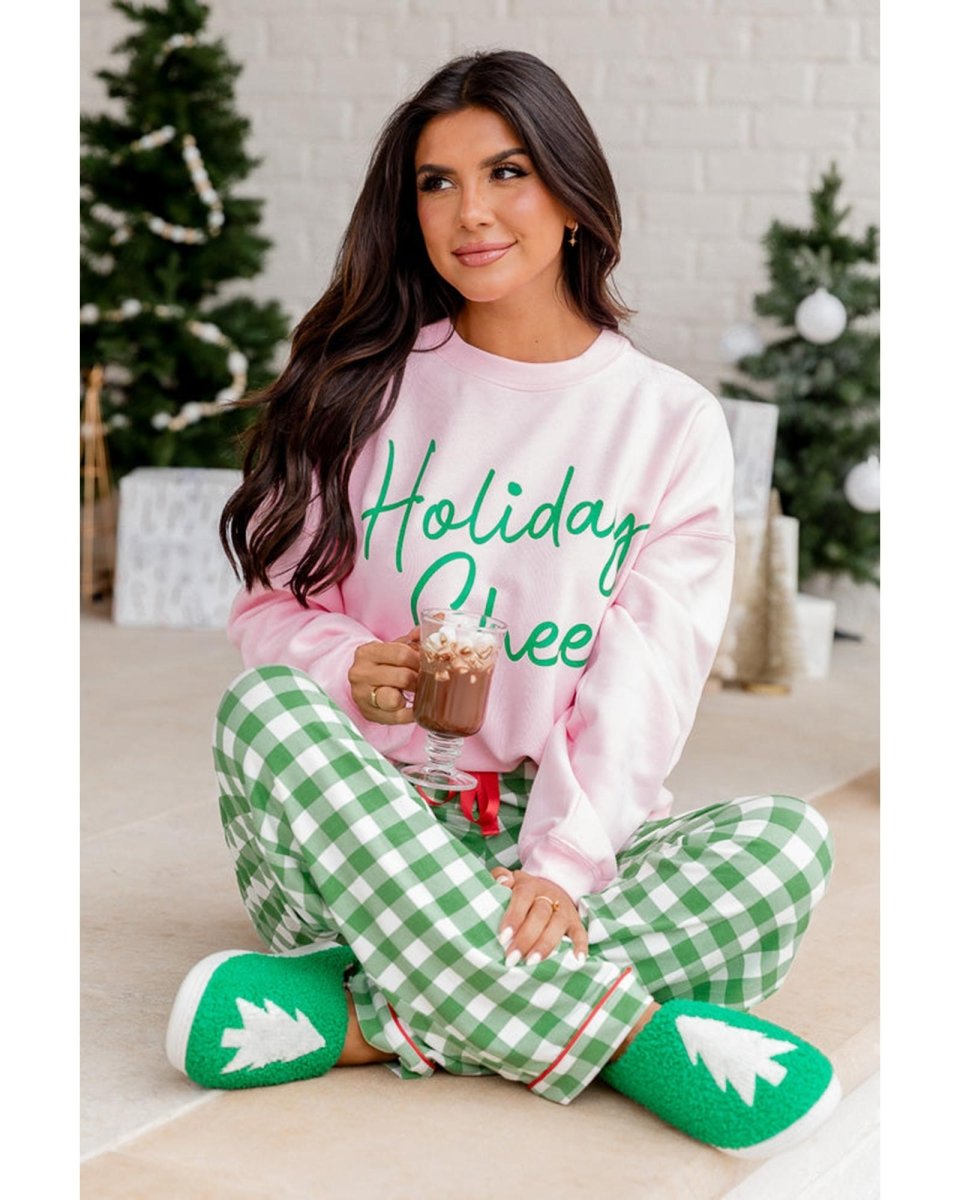 Pink Holiday Cheer Letter Graphic Christmas Slogan Sweatshirt - L