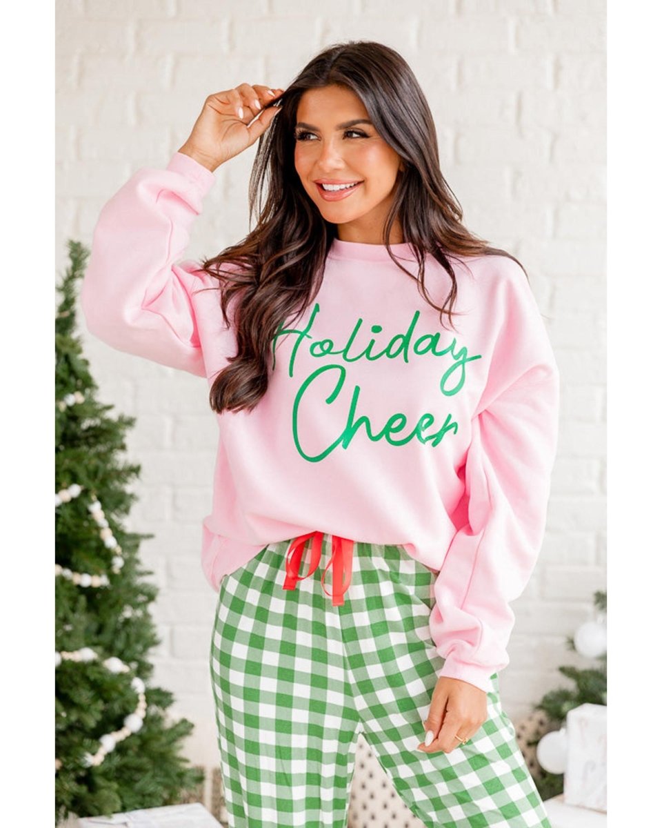 Pink Holiday Cheer Letter Graphic Christmas Slogan Sweatshirt - XL