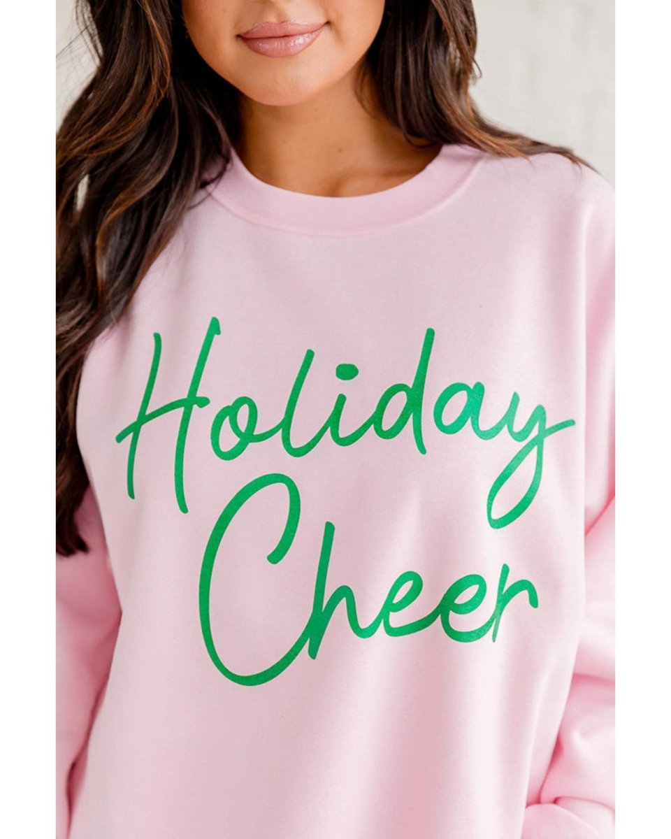 Pink Holiday Cheer Letter Graphic Christmas Slogan Sweatshirt - XL