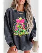Gray Stunning Christmas Tree Printed Drop Shoulder Corded Sweatshirt - 3XL