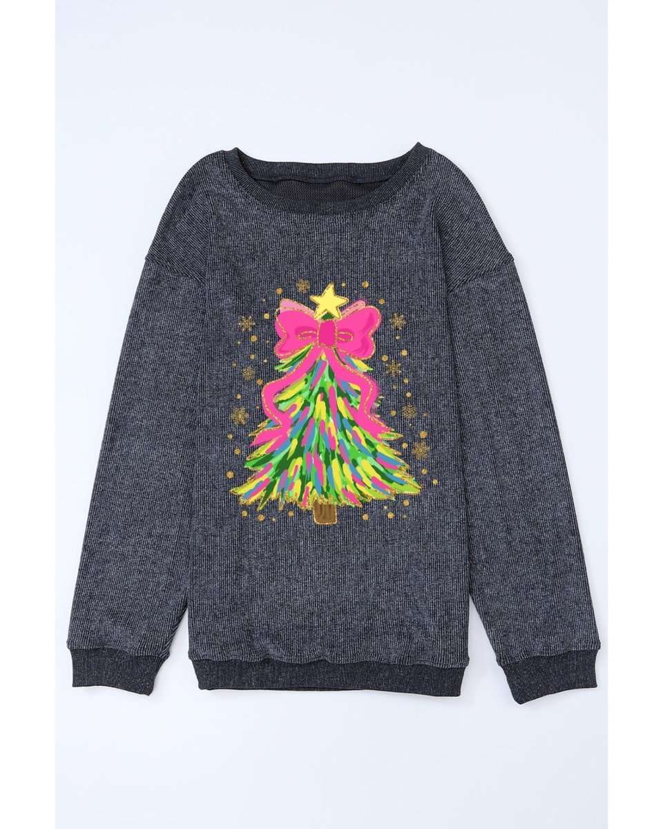 Gray Stunning Christmas Tree Printed Drop Shoulder Corded Sweatshirt - L