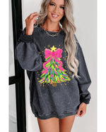 Gray Stunning Christmas Tree Printed Drop Shoulder Corded Sweatshirt - M