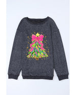 Gray Stunning Christmas Tree Printed Drop Shoulder Corded Sweatshirt - S