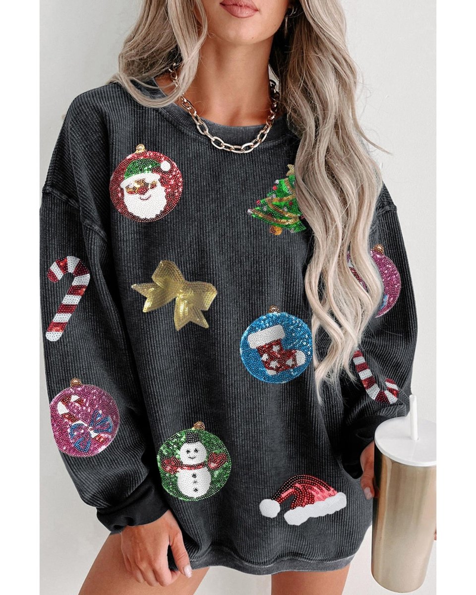 Black Sequined Christmas Elements Corded Baggy Sweatshirt - 2XL