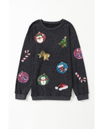 Black Sequined Christmas Elements Corded Baggy Sweatshirt - XL