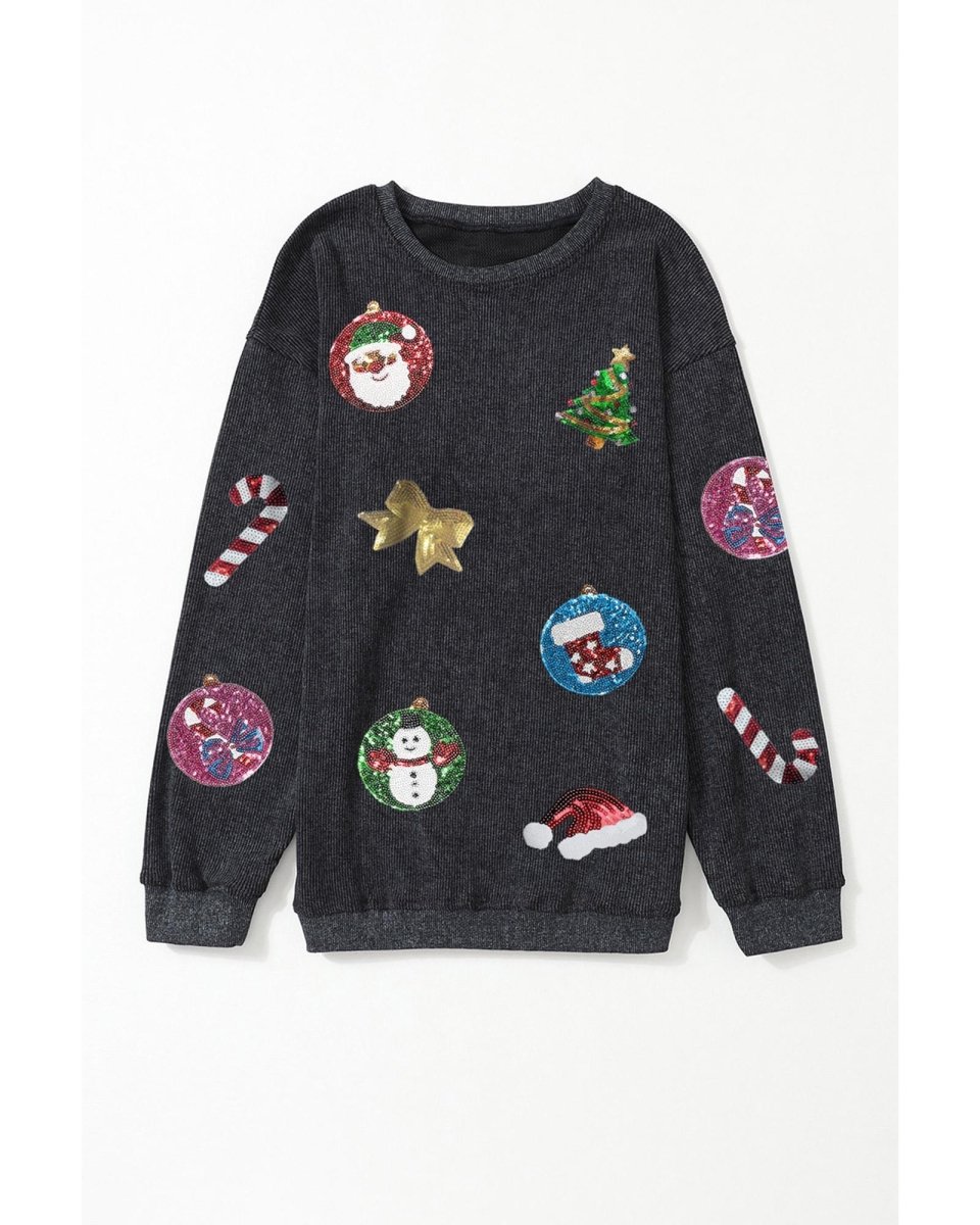 Black Sequined Christmas Elements Corded Baggy Sweatshirt - XL