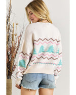 White Striped Christmas Tree Ribbed Trim Drop Shoulder Sweater - L