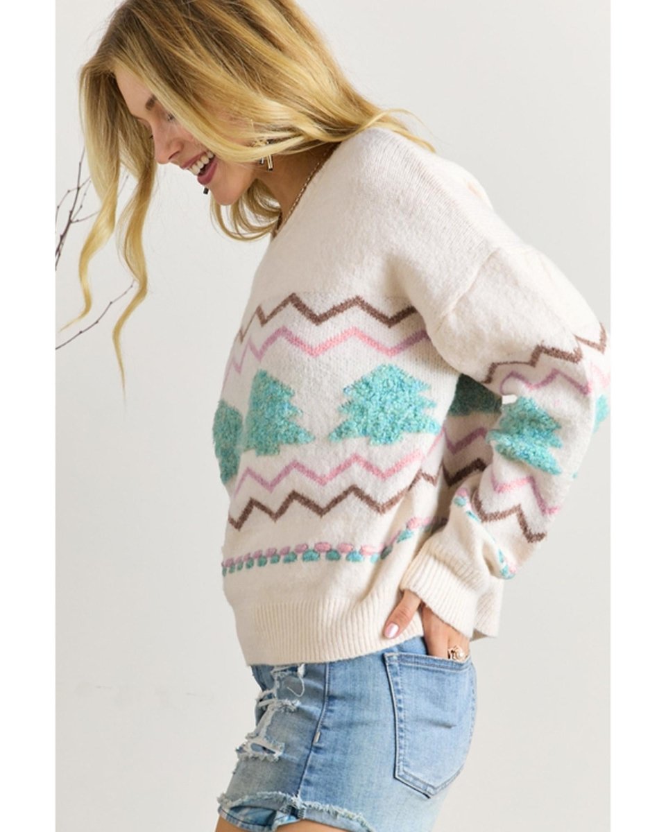 White Striped Christmas Tree Ribbed Trim Drop Shoulder Sweater - M